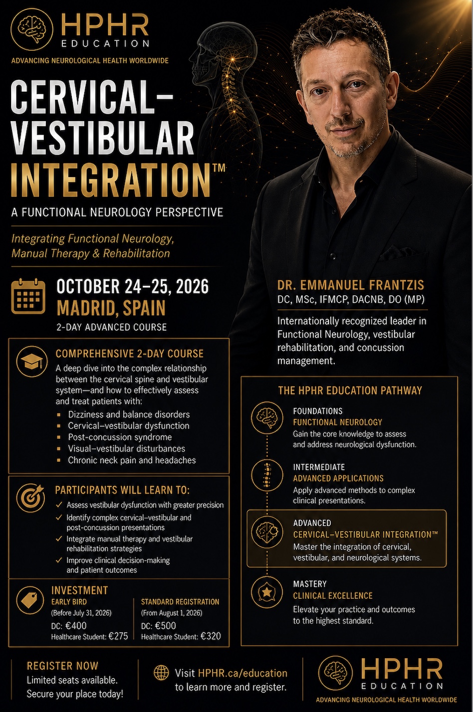 Cervical–Vestibular Integration™ — October 24–25, 2026, Madrid, Spain. Course poster featuring Dr Emmanuel Frantzis.